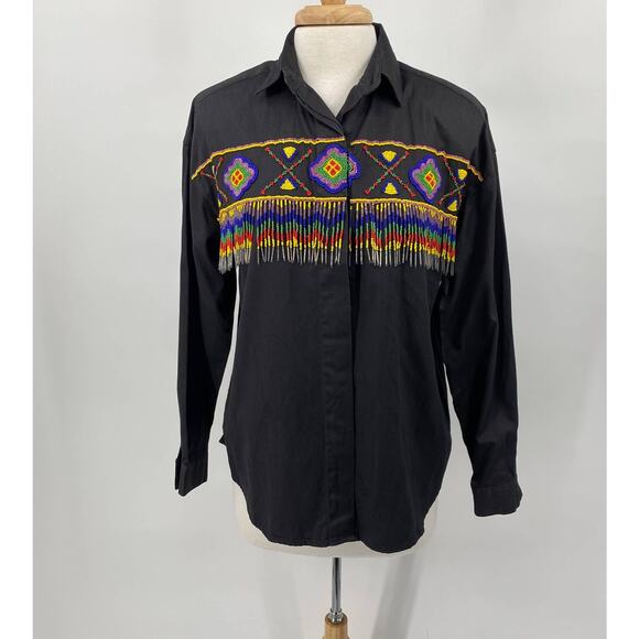 Vintage Western Shirt Cotton Button Down Front Beaded Fringe Black Womens Medium - Picture 6 of 11